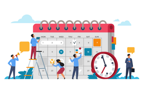 Vector illustrations business meeting and events organizing process office working using the calendar