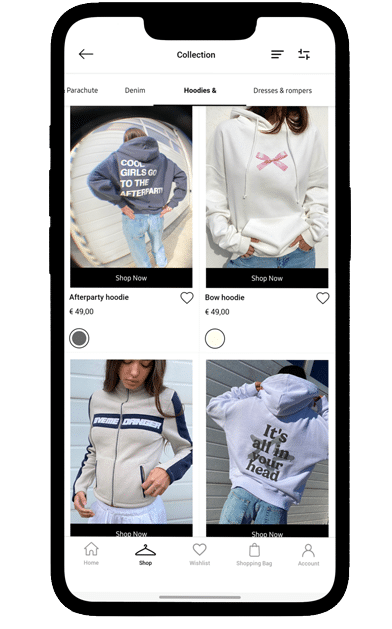 eCommerce phone app with feature sweat shirts
