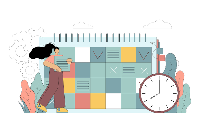  The woman makes entries in the calendar. Vector flat illustration