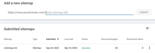 Google Search Console's sitemap submission tool.