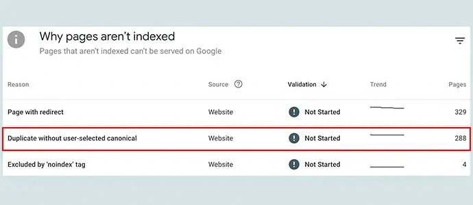 Duplicate content report from Google Search Console.